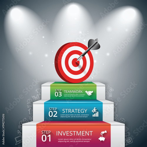3-Step Business Success Podium Infographic. Vector Illustration of a Tiered Stage with a Target Bullseye and Strategic Data Banners on a Spotlit Background.