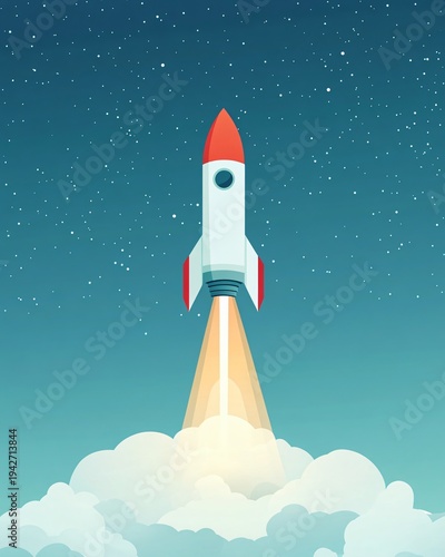 Minimalist flat illustration of rocket launching into starry night sky with clouds and glowing exhaust trail symbolizing innovation and exploration