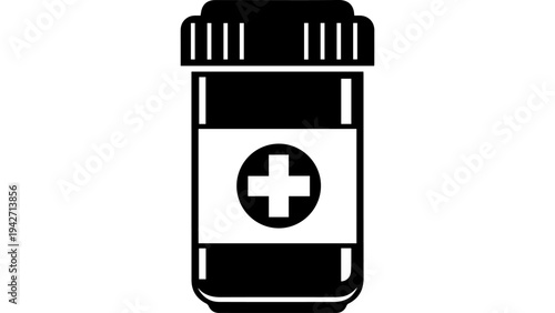 Medical pill bottle icon vector in black and white, simple flat pharmacy medicine container with cross symbol for healthcare app, web UI and label design