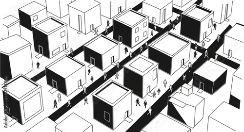 Monochromatic Cityscape Illustration with Cubic Buildings and Pedestrians.
