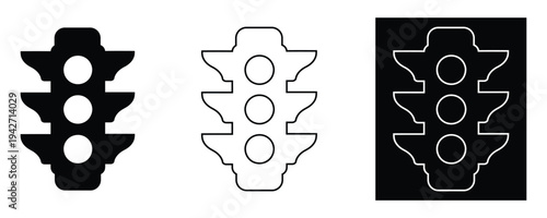 Three traffic light icons in black, White, And outlined on white background