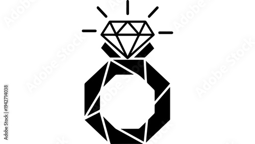 Black faceted diamond ring icon vector, geometric engagement jewelry silhouette illustration, minimal outline symbol for wedding, luxury branding, app UI
