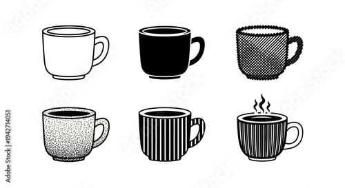 Six stylized coffee cups and mugs in black and white, featuring outline, solid, hatching, stipple, and striped textures for creative design use