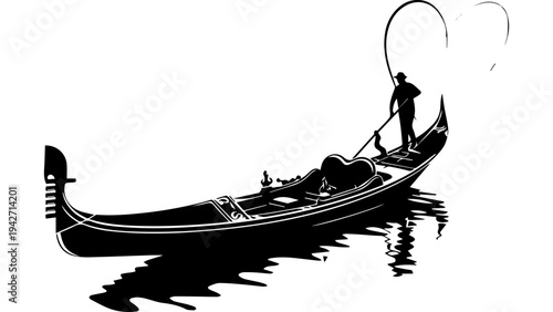 Black and white silhouette vector of gondola boat floating on water with reflections, traditional rowing boat illustration for travel, tourism, poster, and logo design