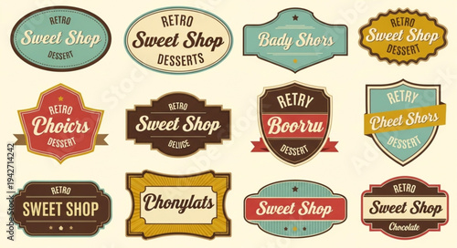 Collection of vintage sweet shop logo designs with various shapes and styles.