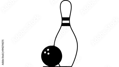 Black and white bowling pin and ball silhouette vector icon, simple monochrome sports equipment illustration for logo, signage, web and print design