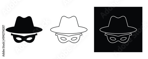 Three different colored fedora hats with masks on white background for design