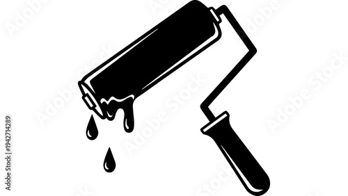 Black paint roller with dripping paint silhouette icon, minimal vector illustration for house painting, renovation, construction design, DIY branding and web
