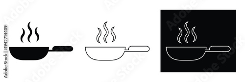 Three frying pan icons with steam on white background for cooking concepts