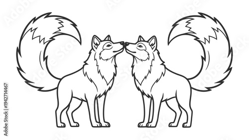 A Pair of Wolves Embrace: Two majestic wolves, outlined in stark detail, share a tender moment of affection, their muzzles touching in a display of intimacy. 