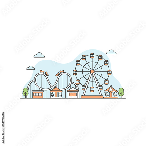 Amusement Park Rides Ferris Wheel Roller Coaster Carousel.