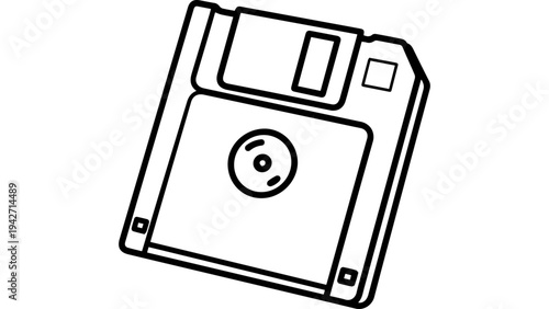 Black and white outline floppy disk icon vector illustration, simple line style computer data storage symbol isolated on white for UI, app, web and print design