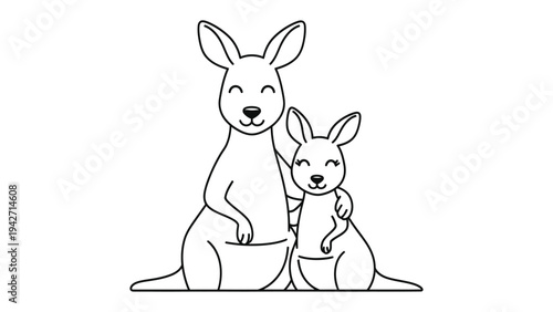 Mother Kangaroo and Joey: A heartwarming monochrome illustration of a mother kangaroo tenderly embracing her joey, capturing the tender bond of family and the essence of maternal love.