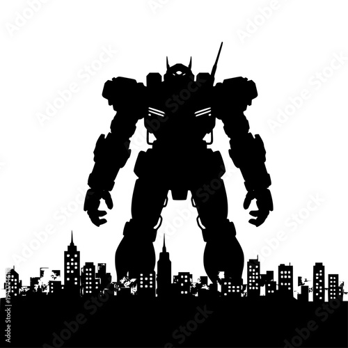 Giant Mech Robot Silhouette Towering Over City Skyline – Futuristic Sci-Fi Mechanical Titan Vector Illustration