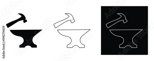 Black and white hammer and anvil icons on white background for crafting and DIY concepts