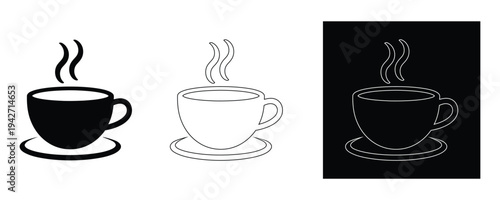 Three steaming coffee cups on white background in black and white illustrations