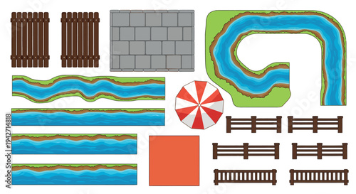 Top View Fence and River Elements Vector Set 