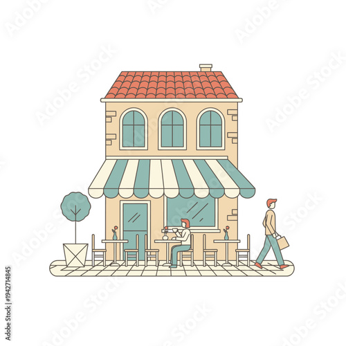 Charming European Cafe Exterior with Outdoor Seating and Pedestrian.