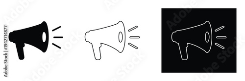 Megaphone icons in black, White, And outlined on white background for announcements and communication