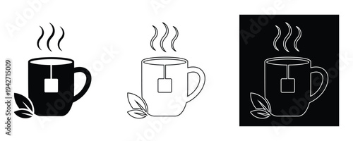 Tea cup icons with steam and leaves on white background