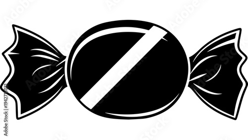 Black and white wrapped candy icon with oval center and diagonal stripe, simple monochrome vector silhouette for sweets packaging, logo, sticker, or app