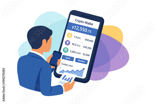 Man using cryptocurrency wallet app on smartphone for financial management.