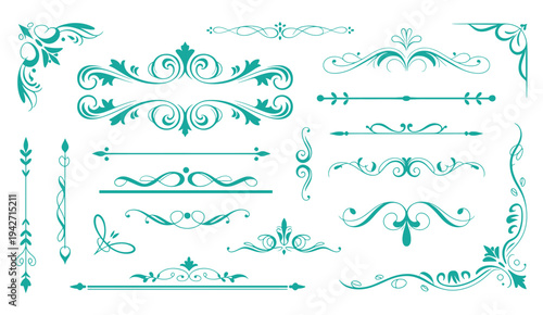 Elegant vintage decorative borders and swirls in teal and white color scheme