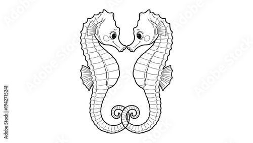 Seahorse Serenade: A charming illustration of two seahorses in a graceful embrace, their tails intertwined in a symbol of unity and deep connection.