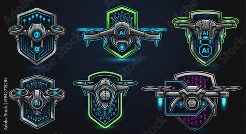 Futuristic Drone Emblems - AI-Powered Aerial Technology Badges.