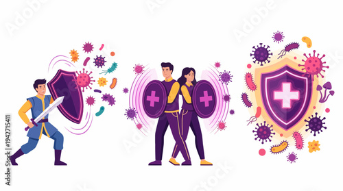 Health insurance agents as warriors with shields and swords protecting themselves from virus pathogens and bacteria, concept for medical immunity system, healthcare defense and insurance marketing