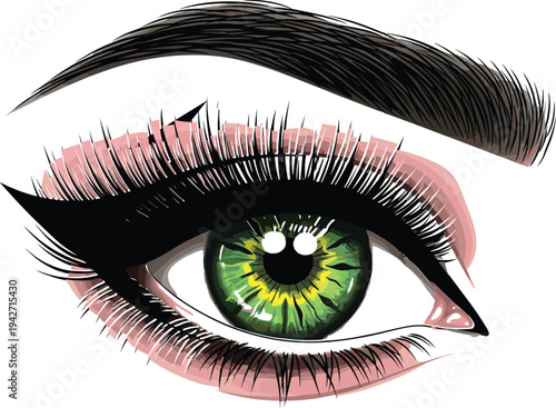 Realistic green female eye vector illustration with long eyelashes eyebrow eyeliner makeup beauty cosmetic vision concept isolated on white