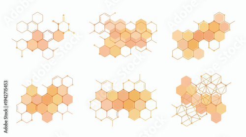 Abstract orange and yellow hexagonal molecular structures with thin lines and geometric shapes on white background, concept for scientific research, biotechnology and pharmaceutical branding