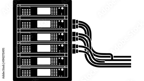 Black and white server rack cabinet with multiple network cables connected, data center hardware icon style vector illustration for IT infrastructure and hosting