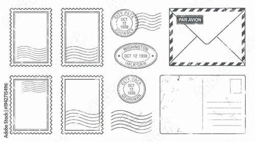 Collection of blank postage stamps and vintage postal marks with envelope and postcard on white background, concept for mail delivery, vintage scrapbook and traditional correspondence