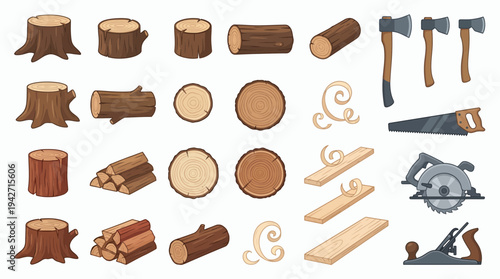Collection of wood logs, stumps, firewood and carpentry tools including axes and saws on white background, concept for carpentry business, forestry industry and woodworking services