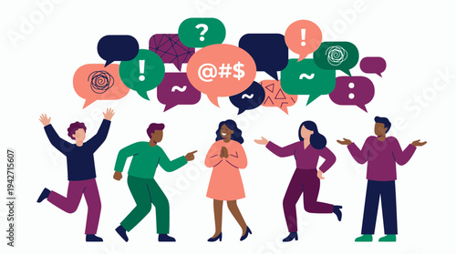 Diverse corporate project managers and marketing specialists interacting with many colorful speech bubbles, concept for corporate culture, team communication and conflict resolution