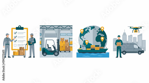 Logistics managers checking inventory with forklift operator, cargo ship on global map and courier with delivery van, concept for supply chain management, shipping and e-commerce logistics