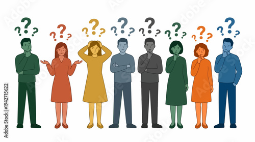 Diverse group of business consultants and corporate executives standing in line with colorful question marks above heads, concept for problem solving, team brainstorming and decision making