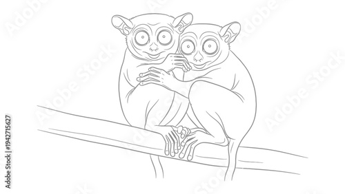 Affectionate Tarsiers: An endearing sketch capturing the tender moment of two tarsiers embracing on a branch. Emphasizing the bond and tenderness of these unique creatures.