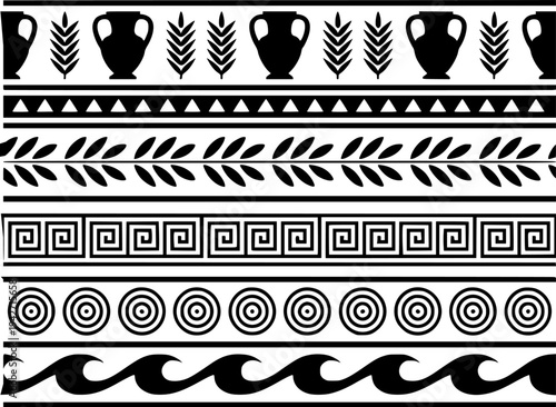 Black and white ancient Greek decorative borders featuring amphorae wheat leaves meander and wave patterns