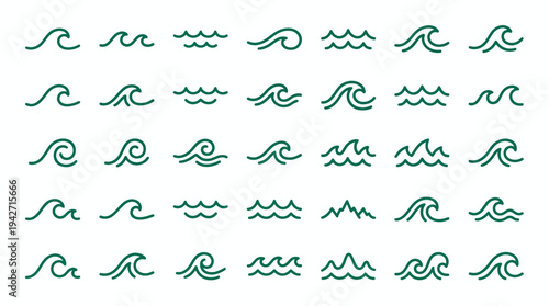 Set of minimalist teal sea wave line icons collection isolated on white background, concept for aquatic branding, maritime web design and environmental logo graphics