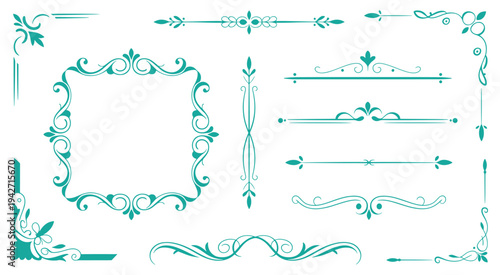 Elegant vintage floral and swirl decorative border designs in teal and white