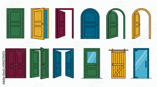 Colorful collection of various door icons with arched double barn and glass styles in open and closed positions, concept for architectural design, home renovation and interior construction