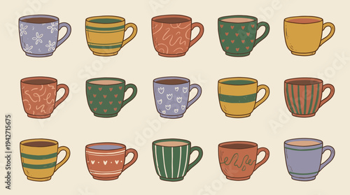 Hand drawn collection of ceramic coffee mugs and tea cups with various colorful patterns on cream background, concept for kitchenware catalog, cafe branding and interior decoration