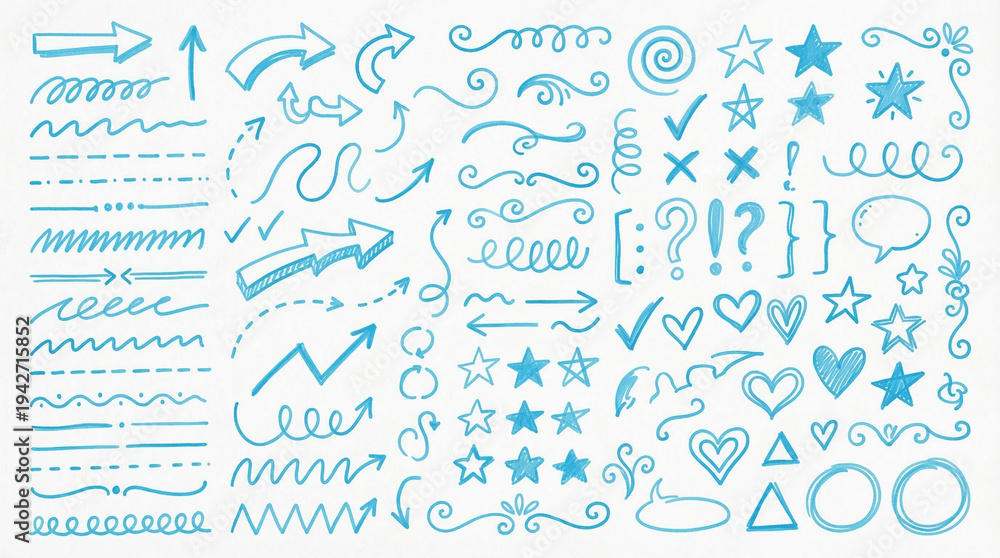 Obraz premium Blue Hand-Drawn Design Elements: An array of artistic elements, meticulously sketched in shades of blue, invites creative expression, offering an inspiring toolkit for designers and artists.