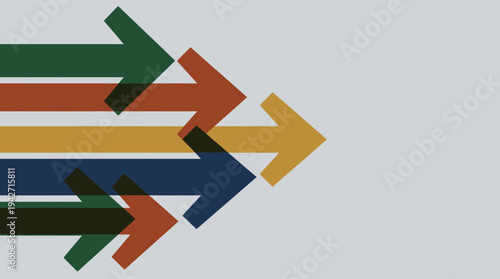Multiple colorful abstract arrows pointing right on a minimal light grey background, concept for business growth, strategic direction and progress
