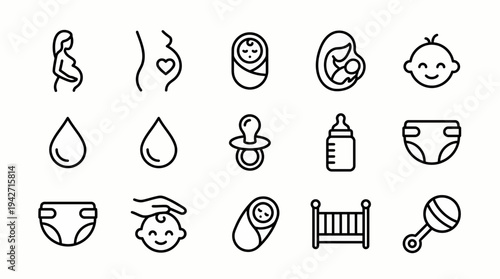 Minimalist line icons featuring pregnancy symbols mother and newborn baby elements on white background, concept for maternity branding, pediatric service and nursery equipment marketing