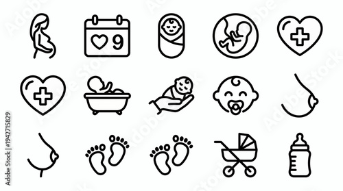 Minimalist black outline icons of pregnancy stages, newborn baby care and maternity healthcare symbols, concept for pediatric clinic branding, medical mobile apps and prenatal education materials