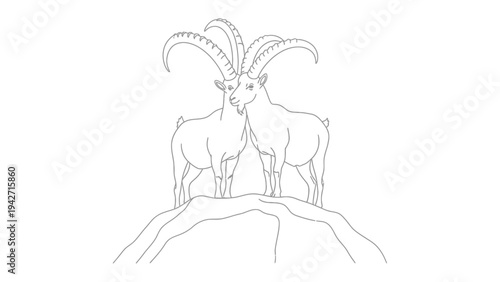 Majestic Mountain Ibex Duo: Two elegant mountain ibexes stand proudly atop a rugged peak, their magnificent horns intertwined as they survey their domain. A timeless emblem of mountain wildlife.