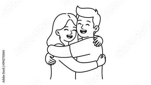Embrace of Affection: A line drawing depicts a warm embrace between a smiling couple, their arms intertwined in a gesture of love and connection.